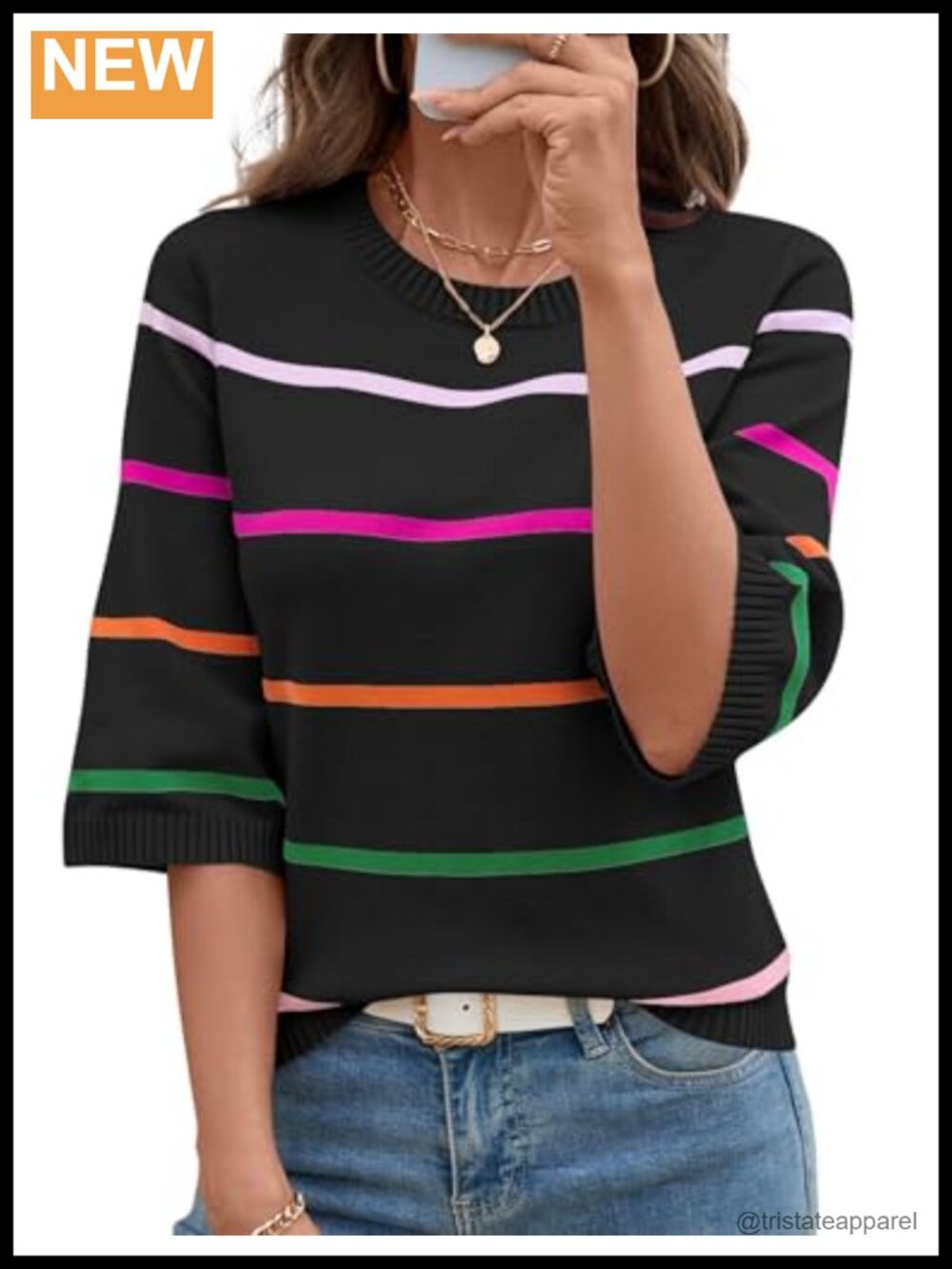 Women's Striped 3/4 Sleeve Knit Pullover Sweater, Lightweight Crew Neck